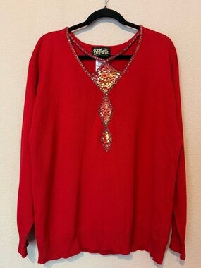 Vtg Bob Mackie Wearable Art Sweater Size XL Cotton blend sequins sparkle red